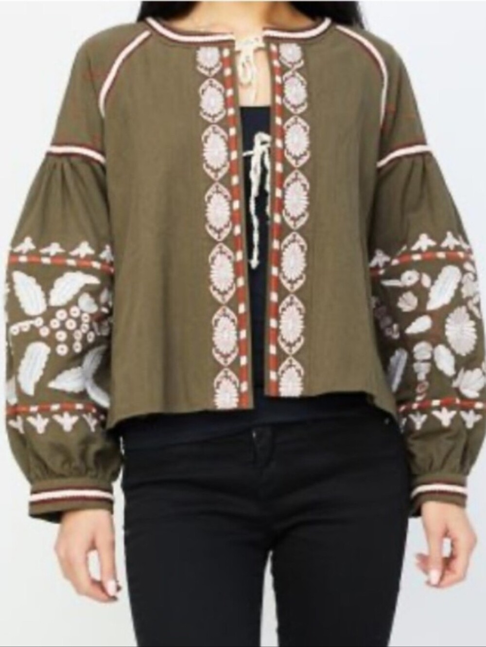 RD + Kokio Olive Green Embroidered Boho Jacket Top Tie-Front Puff Sleeve -MED#44